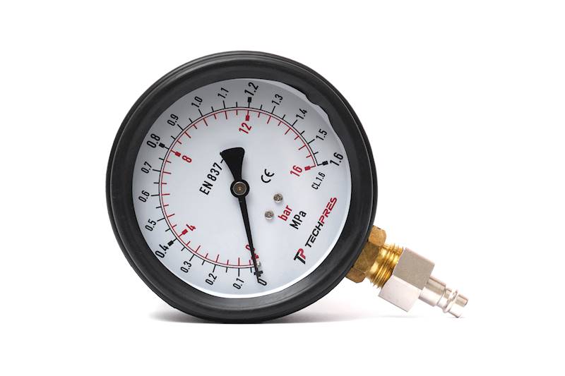 Manometr 100mm 0-16bar w osłonie gumowej z szybkozłączem do zestawów Hydro-Test/Techpres. Bez wzorcowania