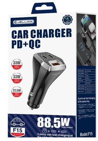 ŁADOWARKA SAMOCHOD F15 2xTYPC 1xUSB 88W CZA JELLIC