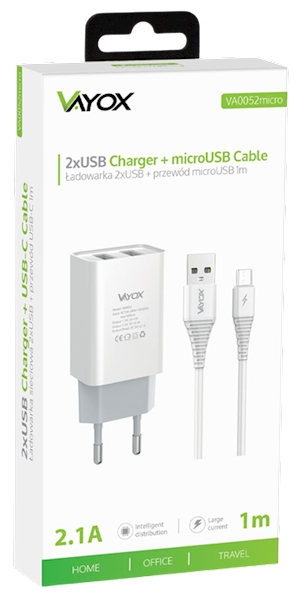 VAYOX ŁAD.SIEC.2xUSB-micro USB VA-0052M 5V 2,1A 1m