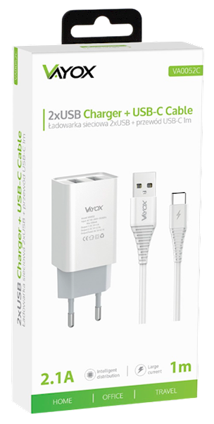 VAYOX ŁAD.SIEC.2x USB-typ C VA-0052C 5V 2,1A 1m