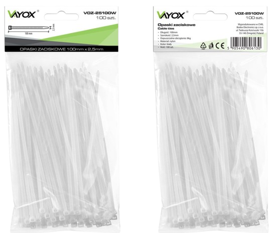 VAYOX OPASKI ZACISKOWE 2,5mm / 100mm białe 100szt
