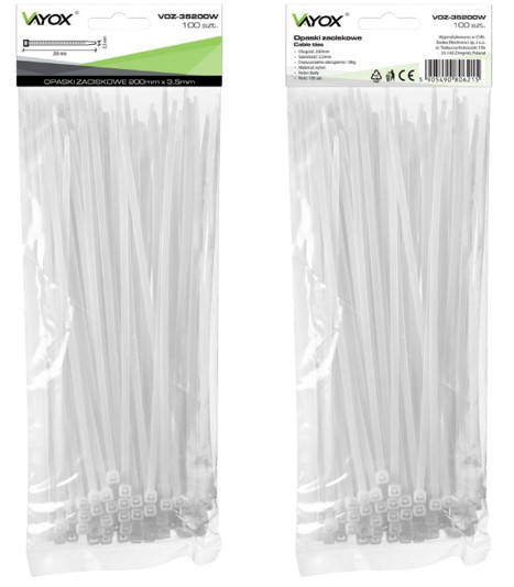 VAYOX OPASKI ZACISKOWE 3,5mm / 200mm białe 100szt