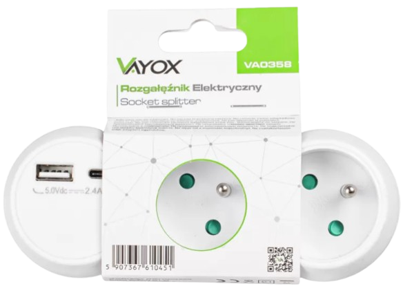 VAYOX ROZGAŁĘŹNIK SIECIOWY VA-0358 2 gniazda USB, USB-C
