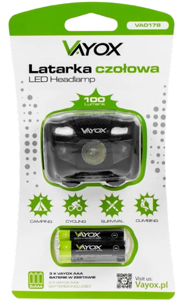 VAYOX LATARKA CZOŁOWA VA-0178 100lm baterie