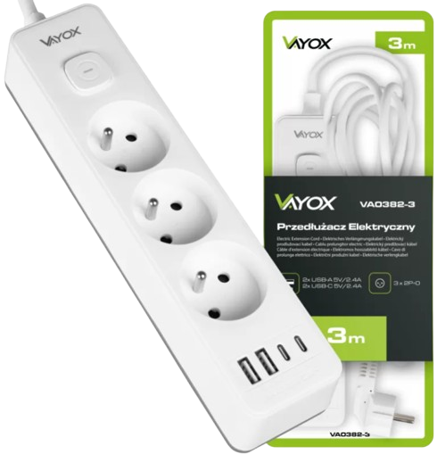 VAYOX PRZEDŁUŻACZ 3GN+0 VA-0382-3M 2xUSB 2xUSB-C