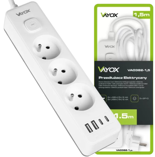 VAYOX PRZEDŁUŻACZ 3GN+0 VA-0382-1,5 2xUSB 2xUSB-C