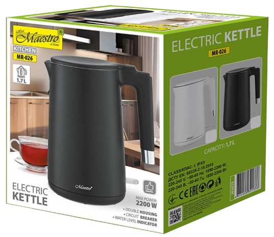MAESTRO CZAJNIK MR-026 1,7L 1800W czarny podw. śc.