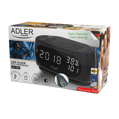 ADLER BUDZIK AD-1186 LED, temp. wilgotność, czarny