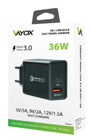 VAYOX ŁADOWARKA SIECIOWA USB+USB TYP C VA-0035 36W