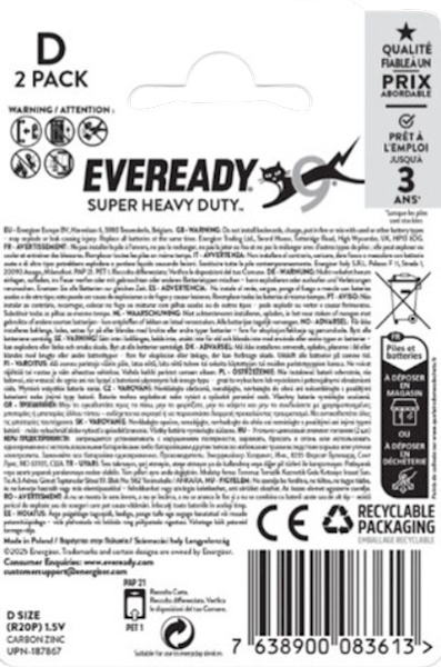 EVEREADY BATERIA R-20 2BP SUPER HD
