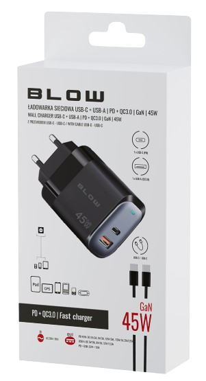 BLOW ŁADOWARKA SIECIOWA 76-033 USB-USB-C 45W+kabel