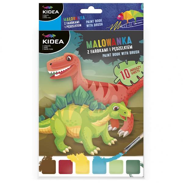 Malowanka z farbkami i pędzelkiem: dinozaury
