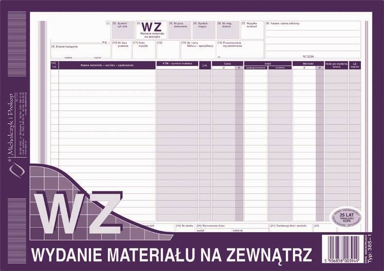Druk Wydanie materiału na zewnątrz WZ A4