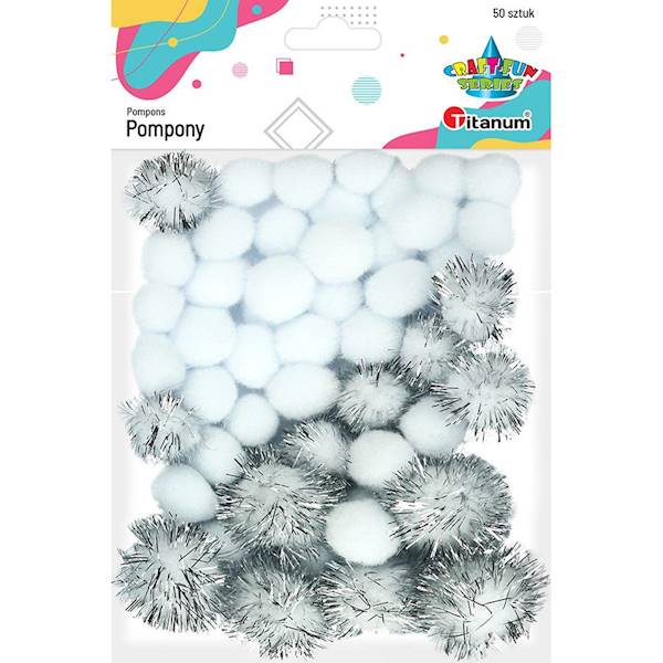 Pompony Titanum białe i białe brokat 50 szt.