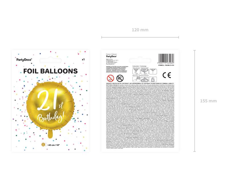 Balon foliowy 21st Birthday, złoty 45cm