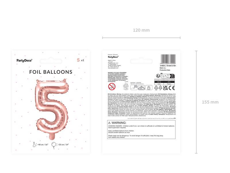 Balon foliowy Cyfra ''5'', 35cm, różowe złoto