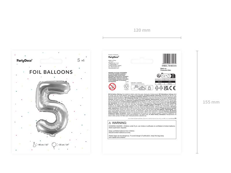 Balon foliowy Cyfra ''5'', 35cm, srebrny