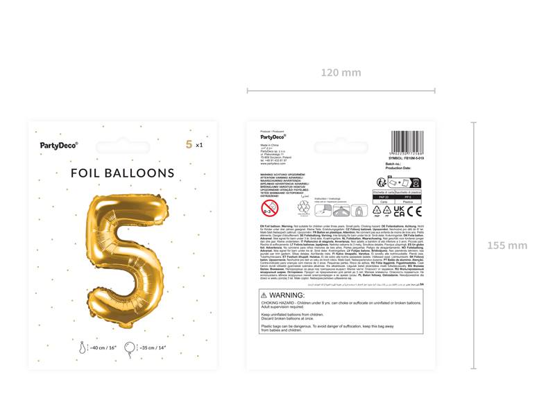 Balon foliowy Cyfra ''5'', 35cm, złoty