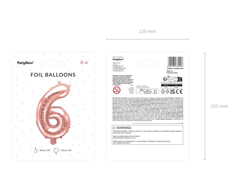 Balon foliowy Cyfra ''6'', 35cm, różowe złoto