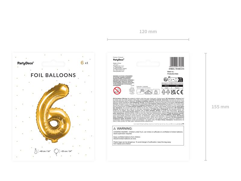 Balon foliowy Cyfra ''6'', 35cm, złoty