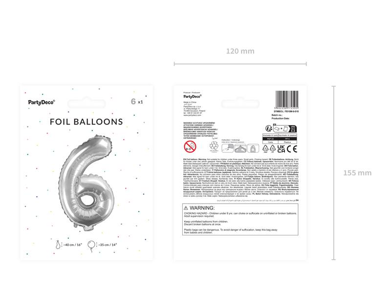 Balon foliowy Cyfra ''6'', 35cm, srebrny