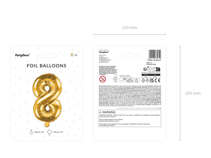 Balon foliowy Cyfra ''8'', 35cm, złoty