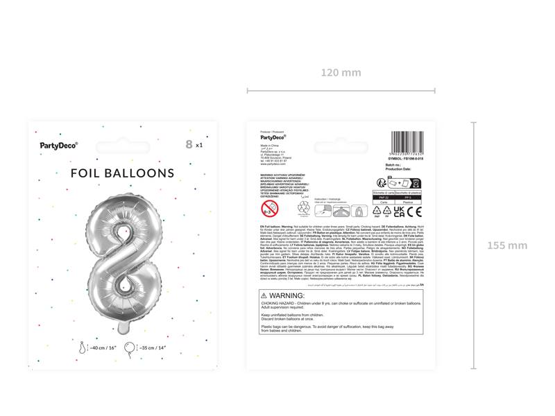 Balon foliowy Cyfra ''8'', 35cm, srebrny
