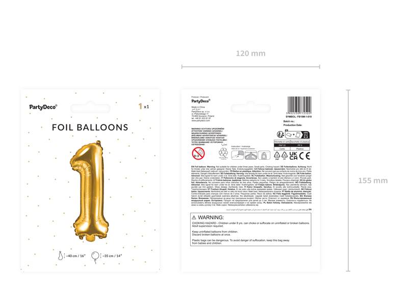 Balon foliowy Cyfra ''1'', 35cm, złoty