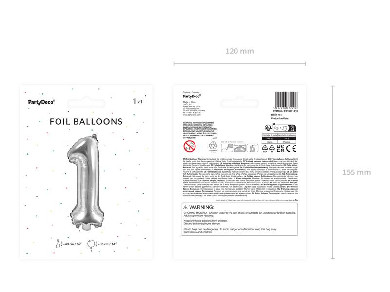 Balon foliowy Cyfra ''1'', 35cm, srebrny