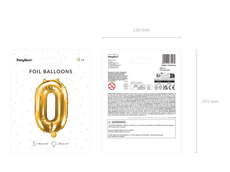 Balon foliowy Cyfra ''0'', 35cm, złoty