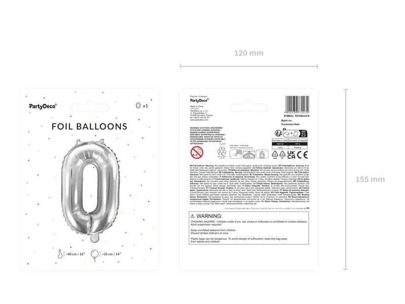 Balon foliowy Cyfra ''0'', 35cm, srebrny