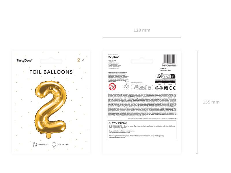 Balon foliowy Cyfra ''2'', 35cm, złoty