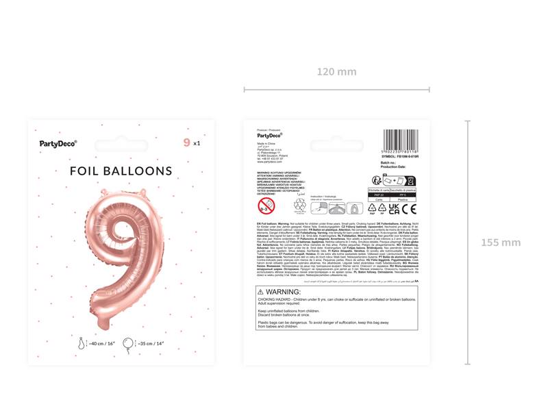 Balon foliowy Cyfra ''9'', 35cm, różowe złoto