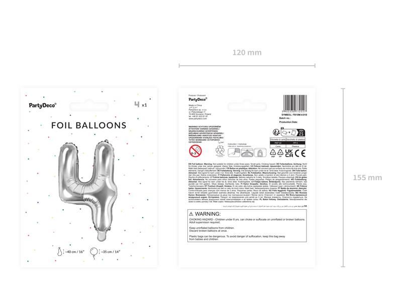 Balon foliowy Cyfra ''4'', 35cm, srebrny