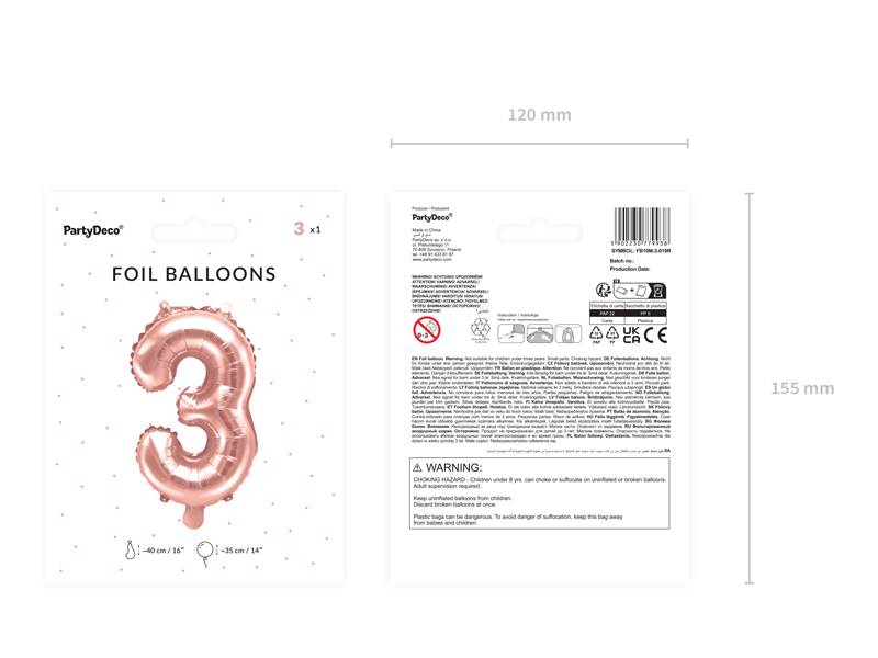 Balon foliowy Cyfra ''3'', 35cm, różowe złoto