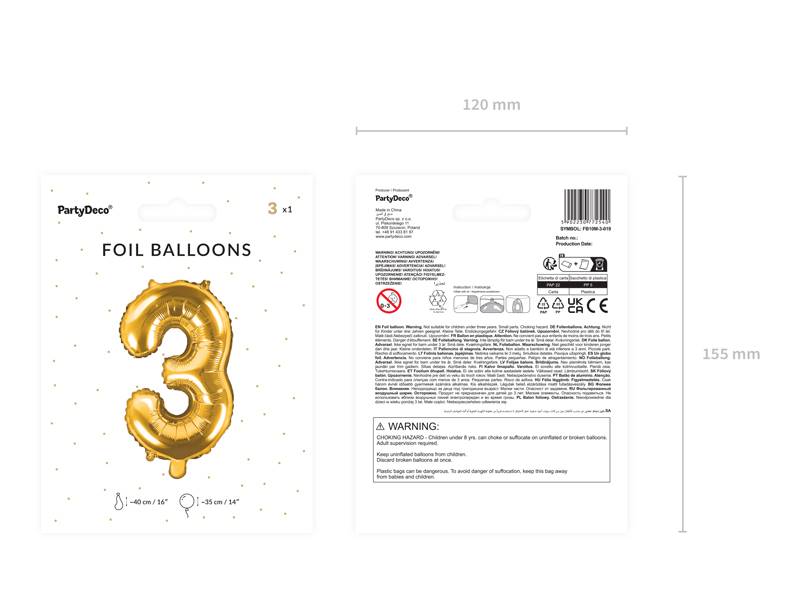 Balon foliowy Cyfra ''3'', 35cm, złoty