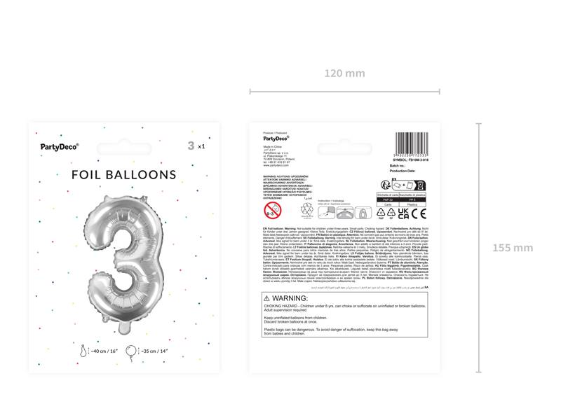 Balon foliowy Cyfra ''3'', 35cm, srebrny