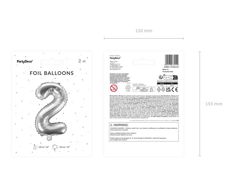 Balon foliowy Cyfra ''2'', 35cm, srebrny