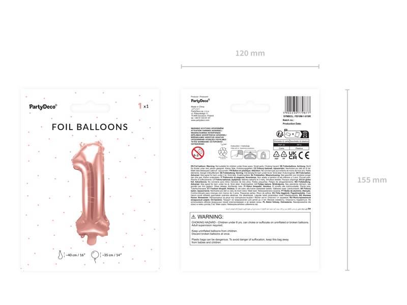 Balon foliowy Cyfra ''1'', 35cm, różowe złoto