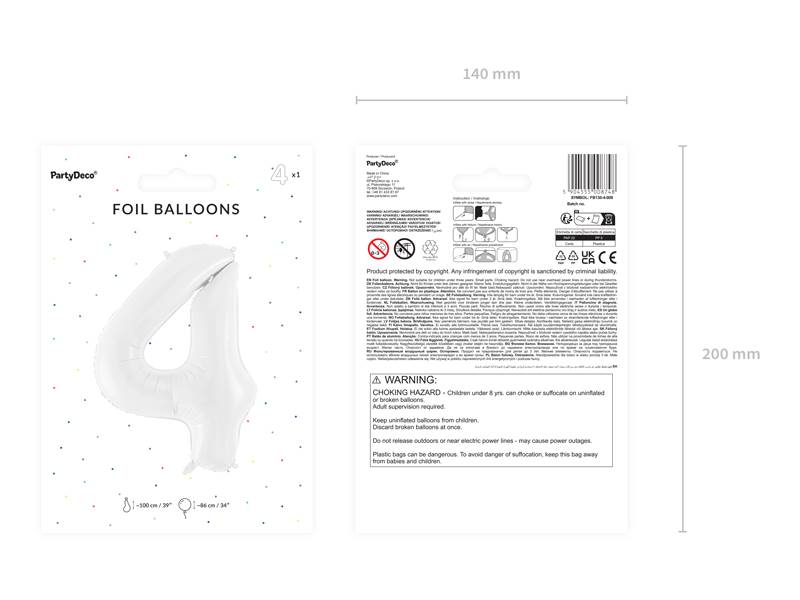 Balon foliowy Cyfra ''4'', 86 cm, biały