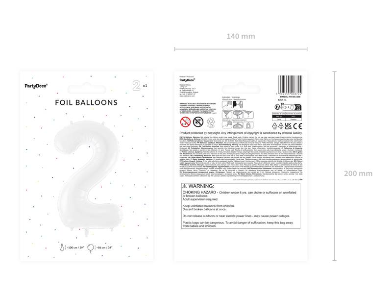 Balon foliowy Cyfra ''2'', 86 cm, biały
