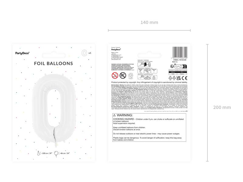 Balon foliowy Cyfra ''0'', 86 cm, biały