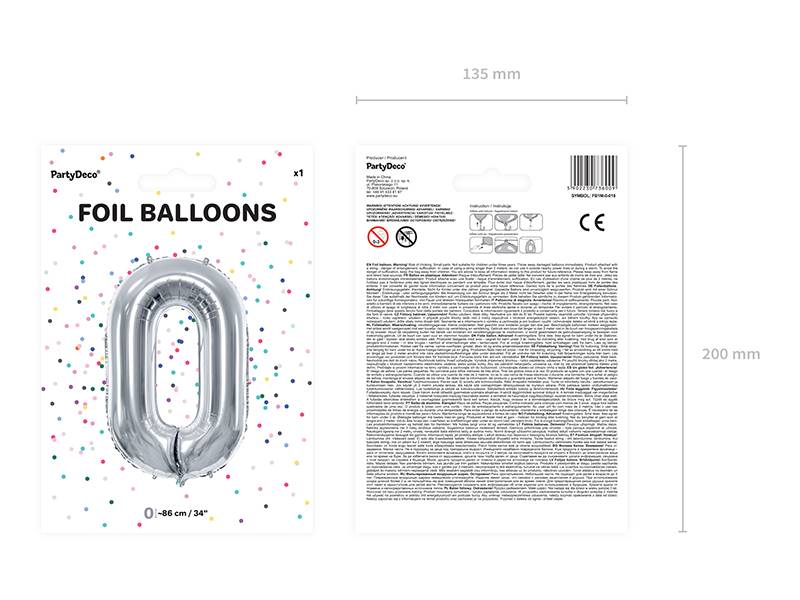 Balon foliowy Cyfra ''0'', 86cm, srebrny