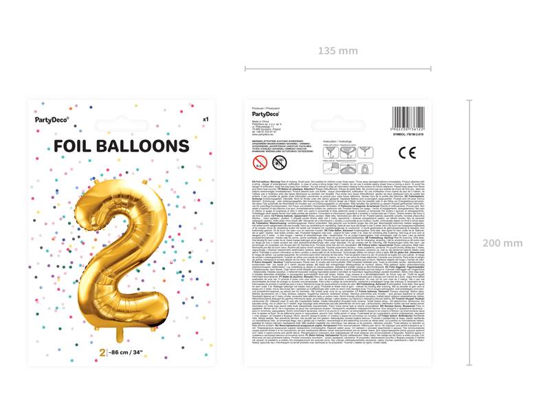 Balon foliowy Cyfra ''2'', 86cm, złoty