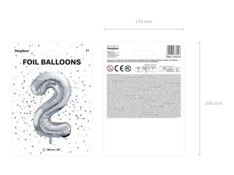 Balon foliowy Cyfra ''2'', 86cm, srebrny
