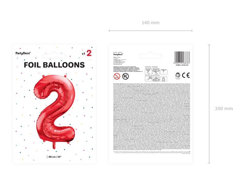 Balon foliowy Cyfra ''2'', 86cm, czerwony