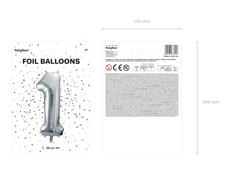 Balon foliowy Cyfra ''1'', 86cm, srebrny