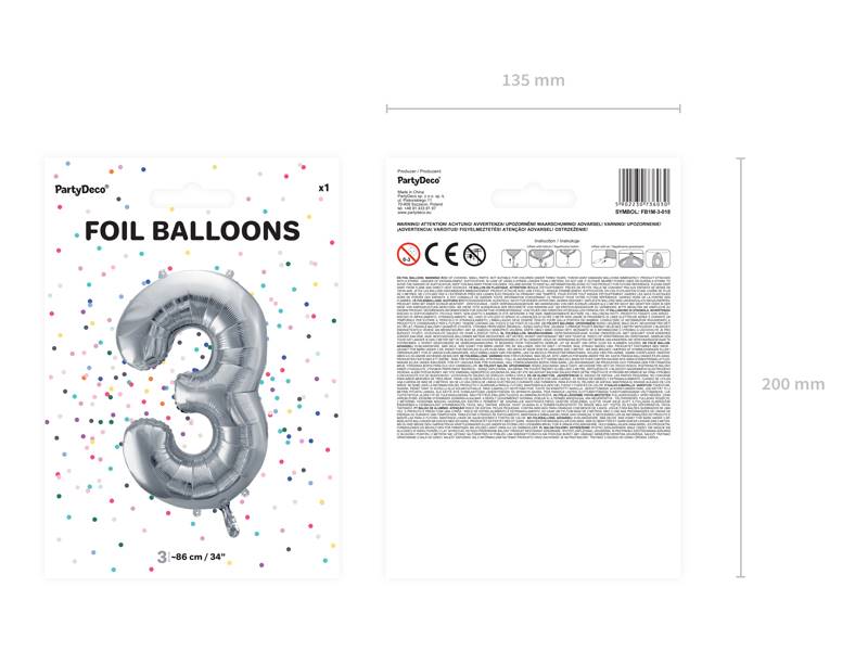 Balon foliowy Cyfra ''3'', 86cm, srebrny