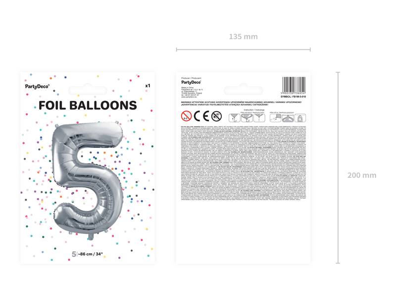 Balon foliowy Cyfra ''5'', 86cm, srebrny