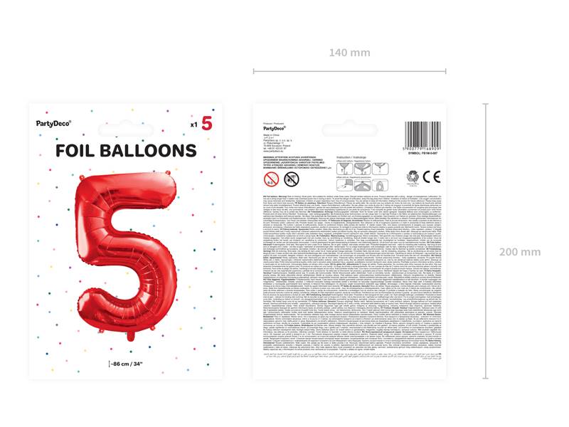 Balon foliowy Cyfra ''5'', 86cm, czerwony